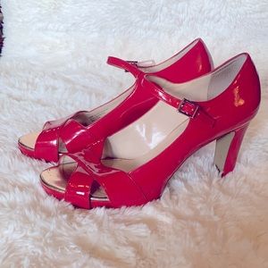 Red Franco Sarto Patent Leather Open-toe Pumps, Comfortable Very Good Condition